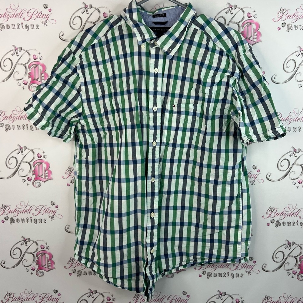 Tommy Hilfiger button up tshirt collared Men's Green and Blue Checkered Shirt